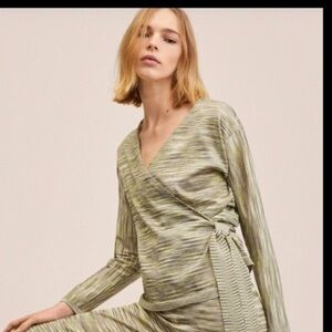 Mango Green Printed Wrap Knit Boho Preppy Sweater  Size Xl